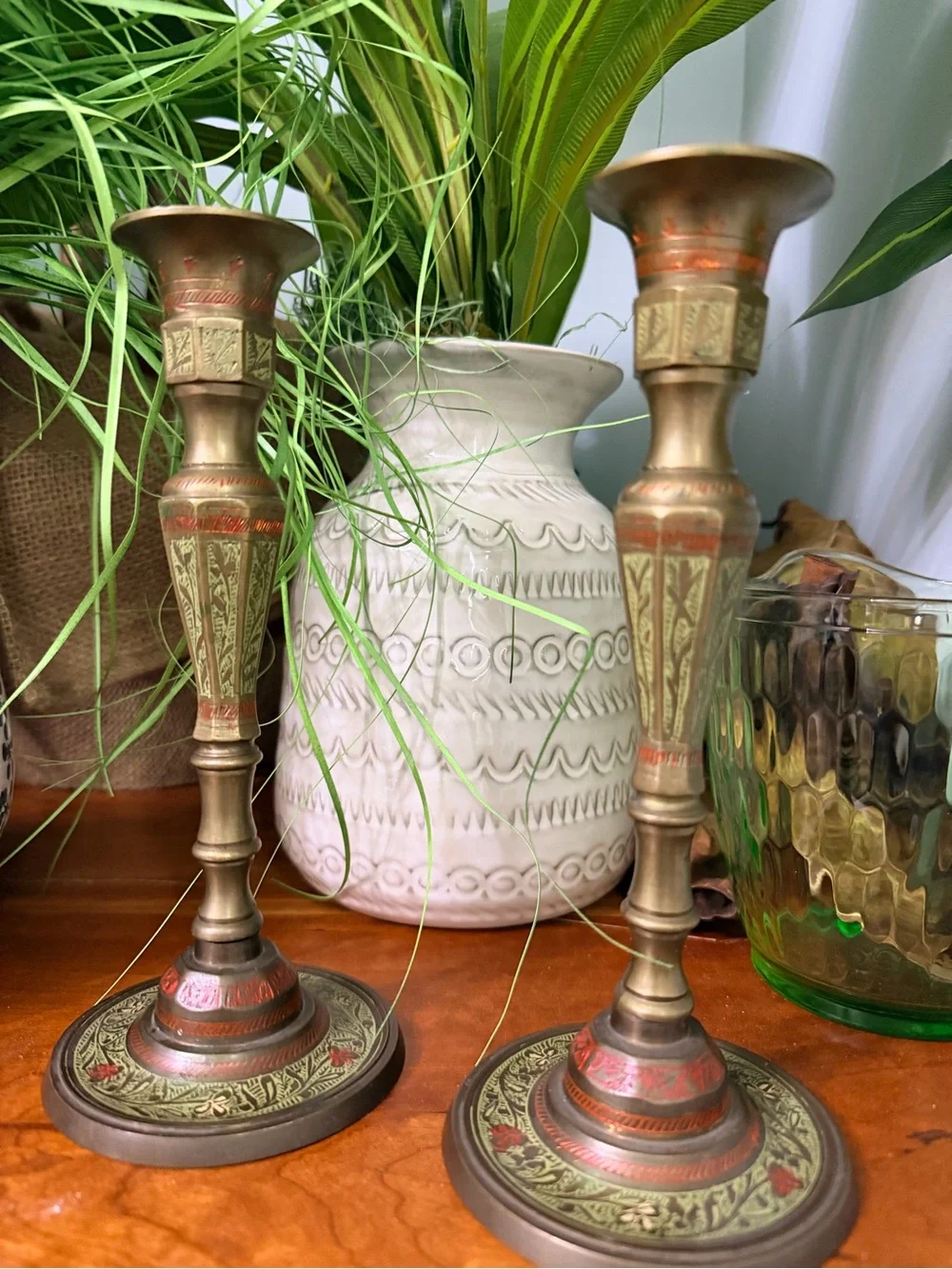 Vintage 1982 Stamped Indian Brass & Enamel Candlesticks – Matching Pair